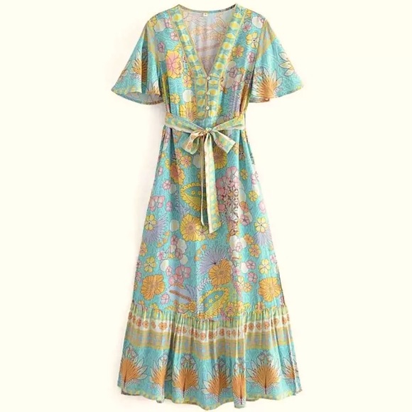 Boho Floral Solei Maxi Faux Wrap Ruffle Dress With Butterfly Sleeves - Picture 9 of 9